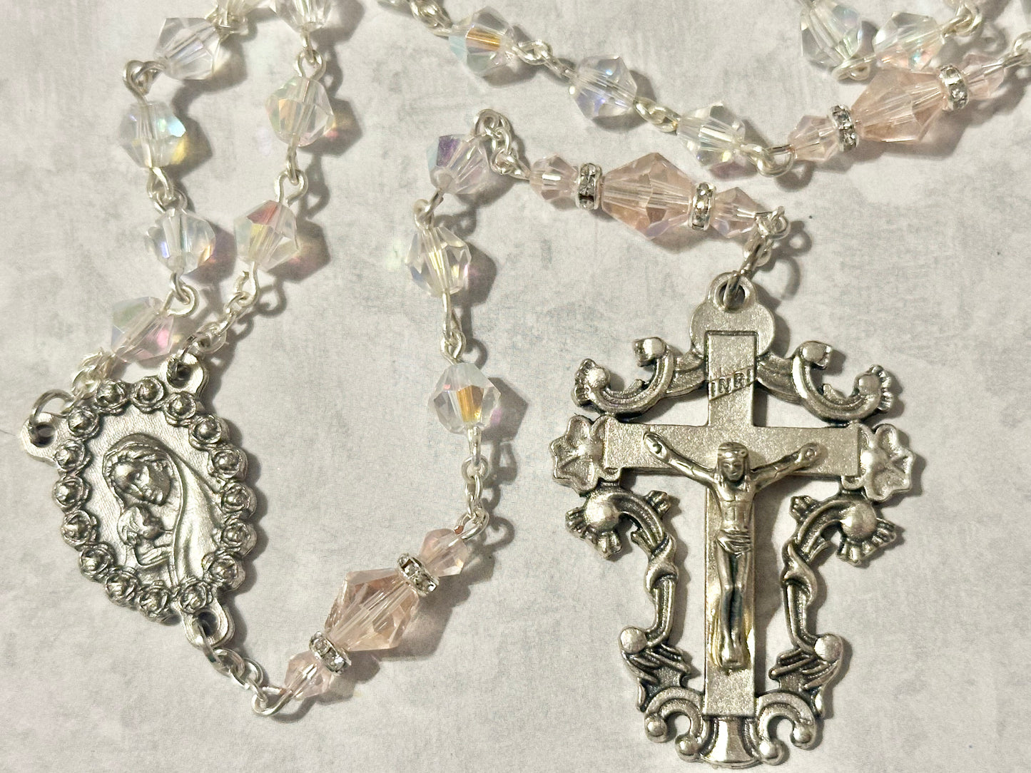 Iridescent and Pale Pink Crystals Handmade Rosary