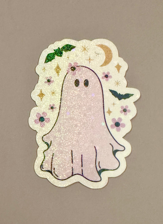 Ghost with Flowers and Bats Sticker