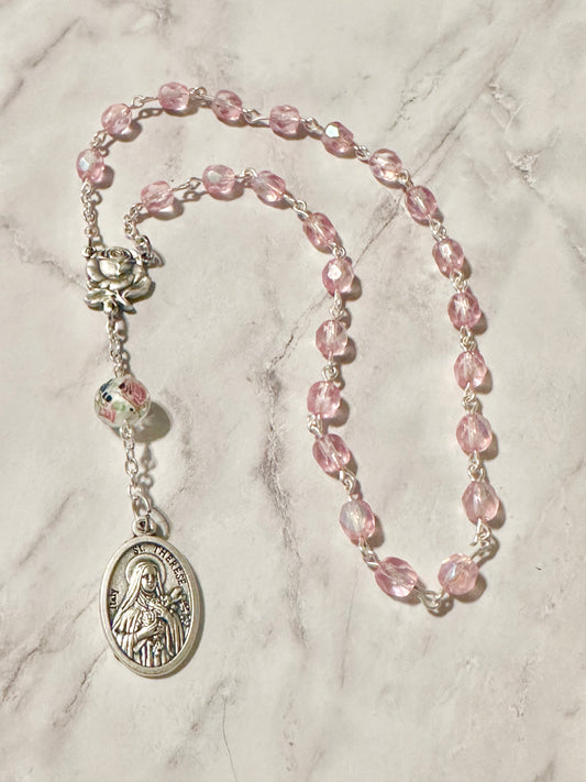 St Theresa Chaplet Pink Crystals Handmade