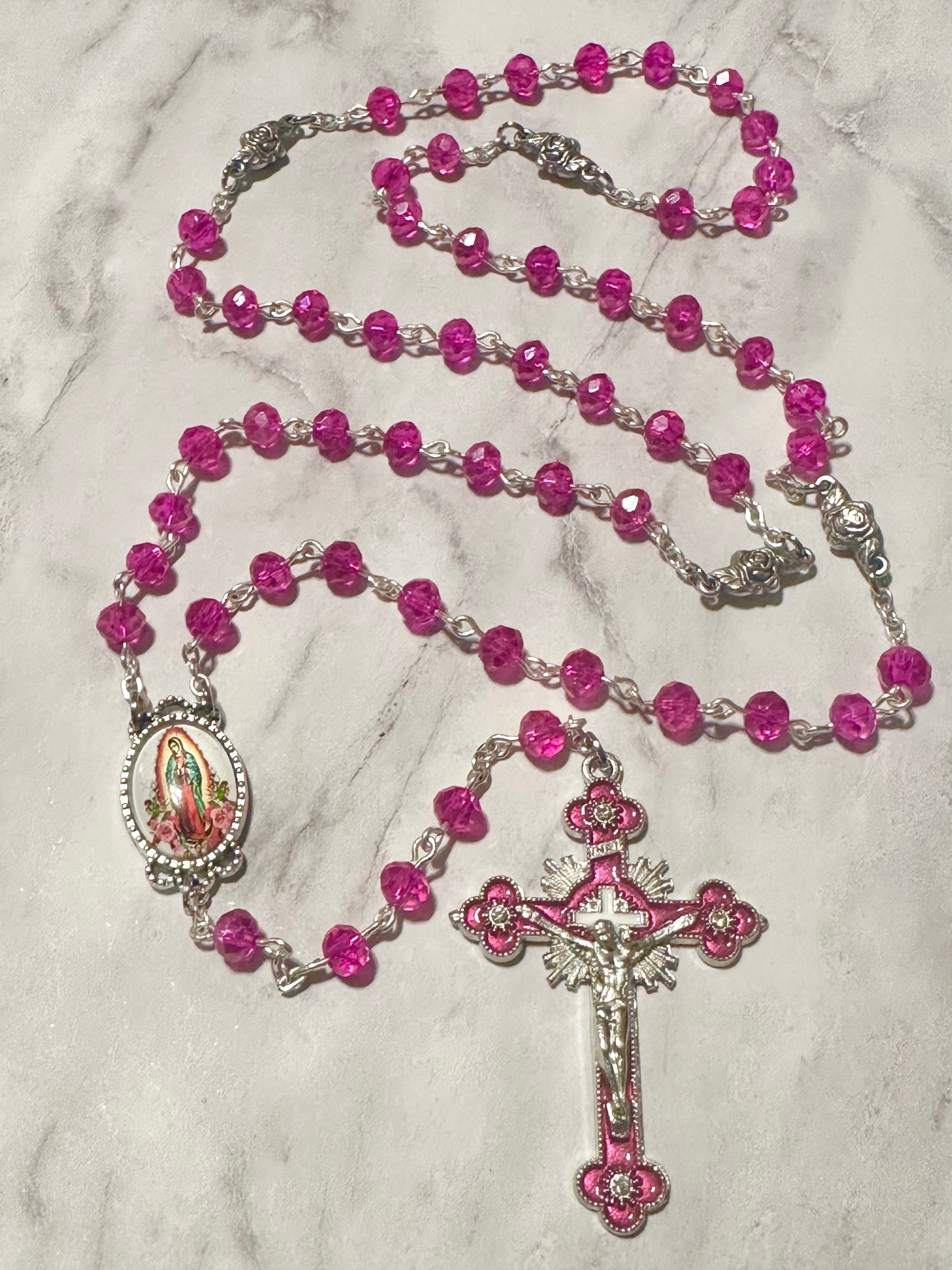 Bright Pink Crystals Handmade Rosary