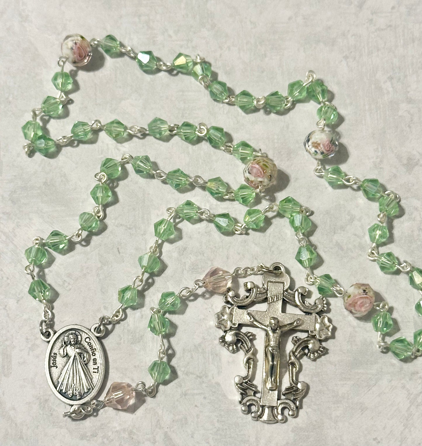 Rose and Green Crystals Handmade Rosary