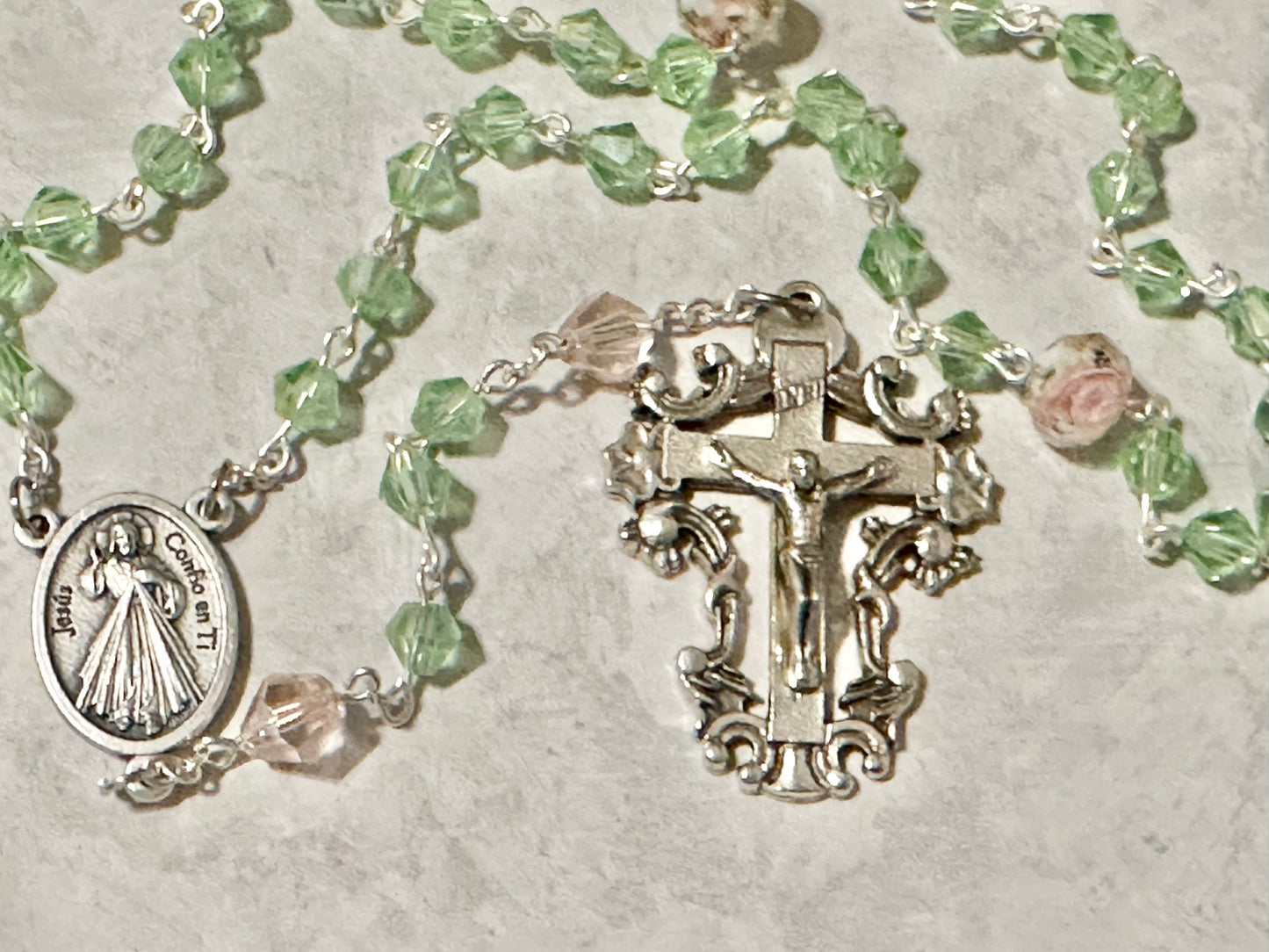 Rose and Green Crystals Handmade Rosary