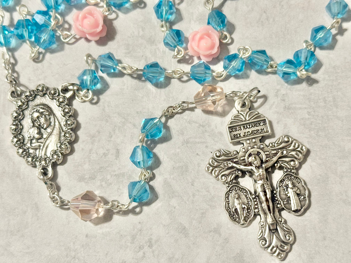 Pink Roses and Blue Crystals Handmade Rosary