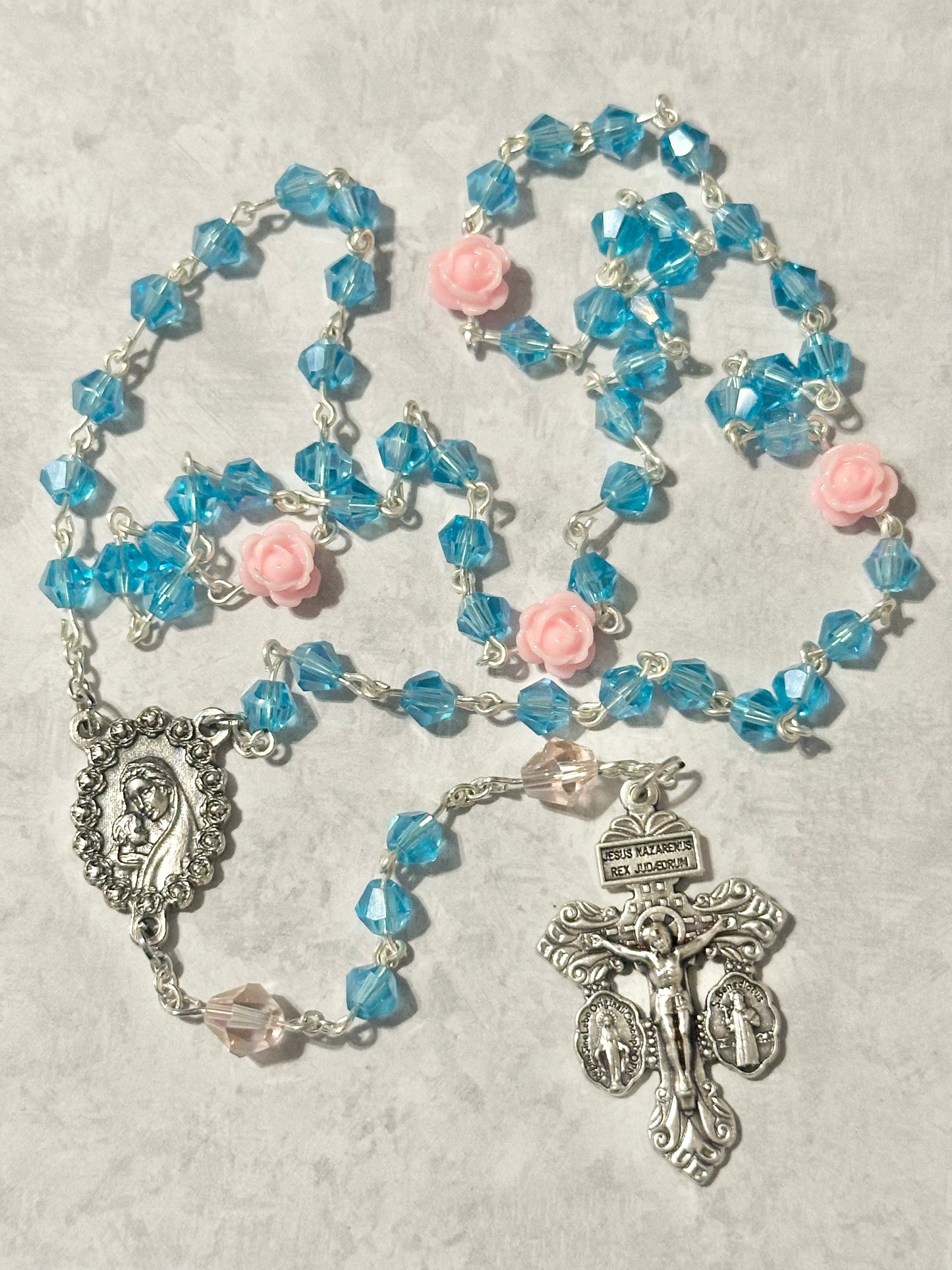Pink Roses and Blue Crystals Handmade Rosary