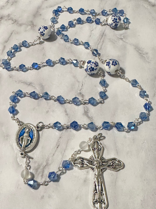 Dainty Flowers Blue Crystal Handmade Rosary