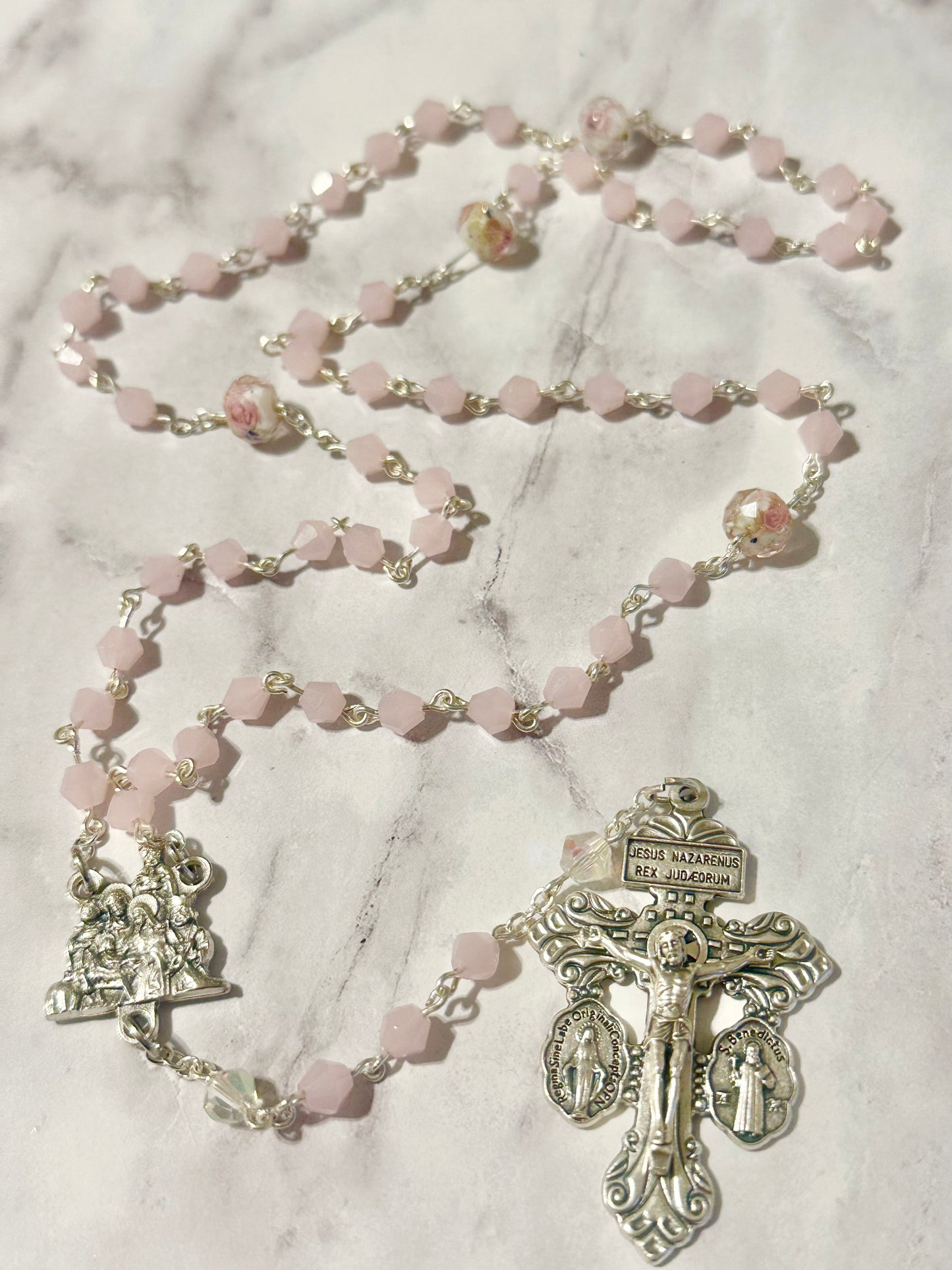 Milky Pink Crystal and Roses Handmade Rosary
